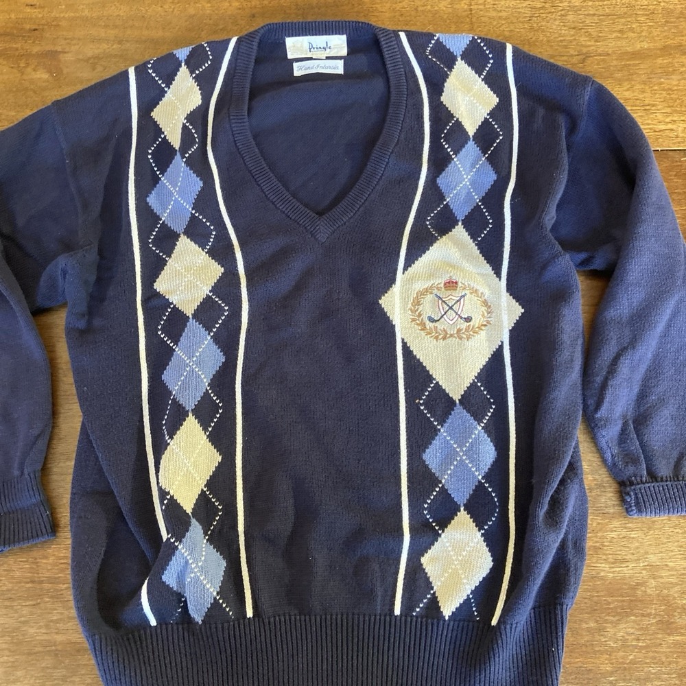 Pringle of Scotland Mens Sweater XL Blue‎ Golf Clubs Vintage Argyle
